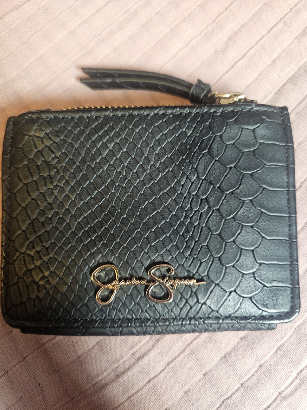 Jessica Simpson Black Faux-Snake Zip Around Wallet with Gold Logo